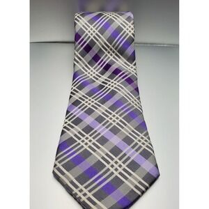 CROFT & BARROW 100% Silk Tie Men's Purple White‎ Gray Plaid Necktie